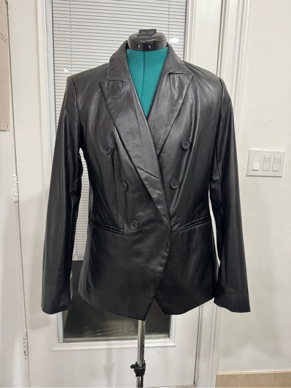 Nine West Black Double-Breasted Leather Blazer